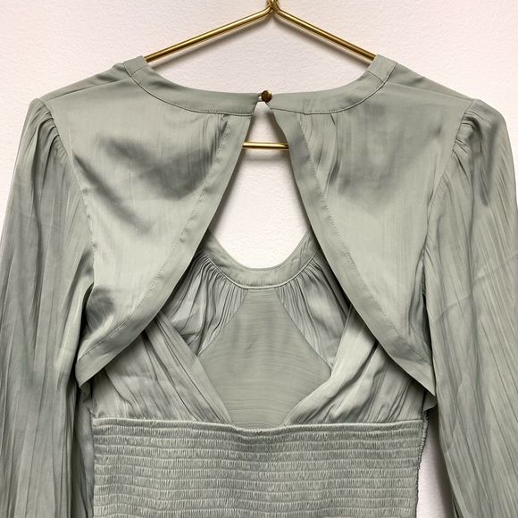 Anthropologie Open Back Corset Style Blouson Sleeve Blouse XXS Silky Ruched Mint - Picture 9 of 12
